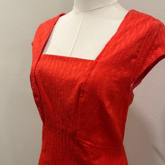 Adrianna Papell Strawberry Red Textured Sheath Midi Dress 12 Square Neck Wedding - Picture 4 of 8